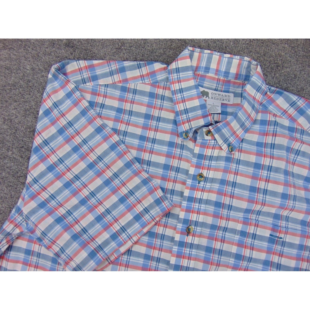 Onward‎ Reserve Shirt Mens Large Short Sleeve Plaid Blue Red White Button Down